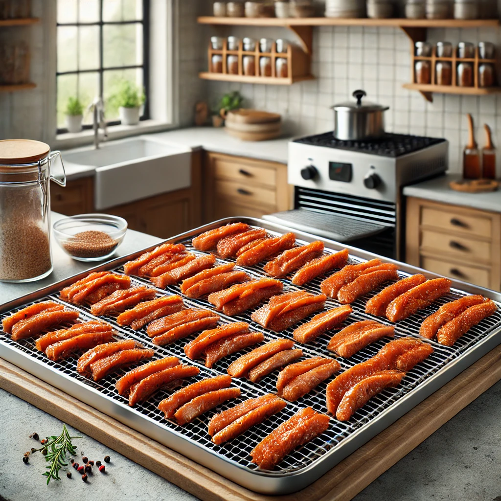 marinated chicken strips arranged on a dehydrator tray, ready to be dried