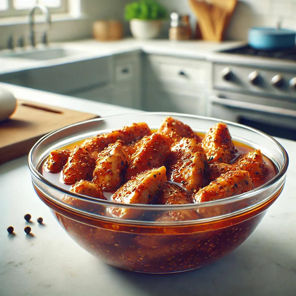 marinated chicken strips soaking in a glass bowl.