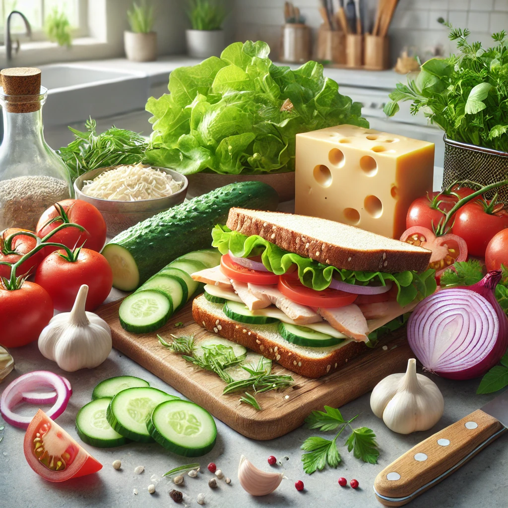 all the fresh ingredients laid out on a kitchen countertop