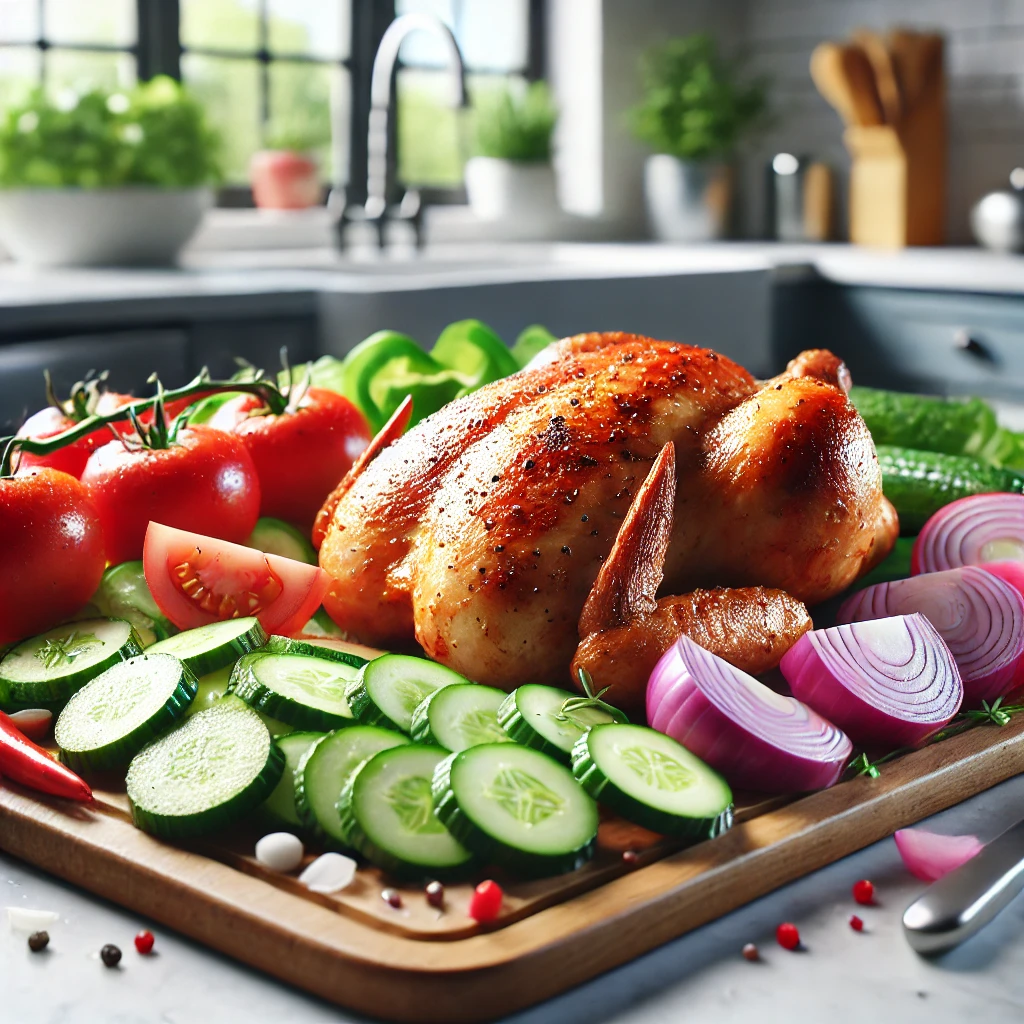 showing grilled chicken and freshly sliced vegetables on a kitchen countertop