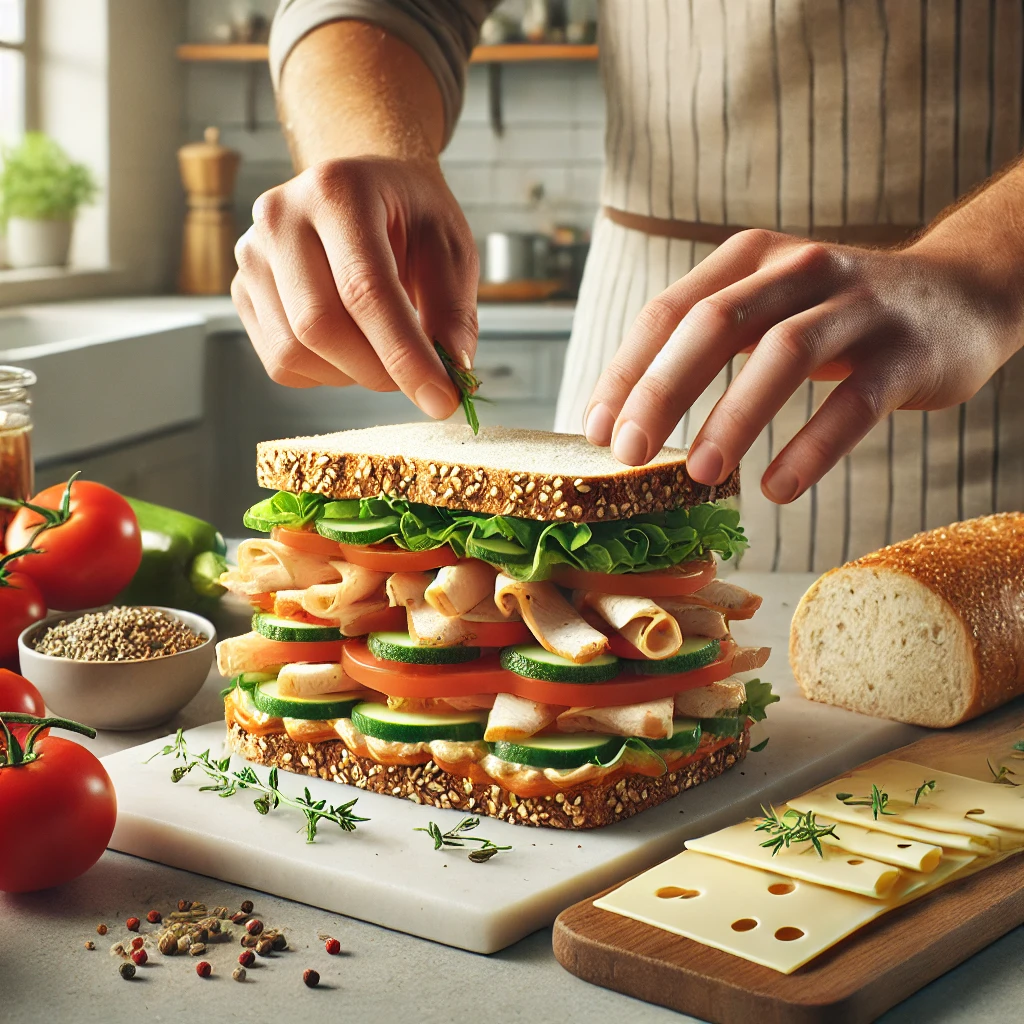 a sandwich being assembled with layers of grilled chicken, fresh vegetables, cheese, and herbs.