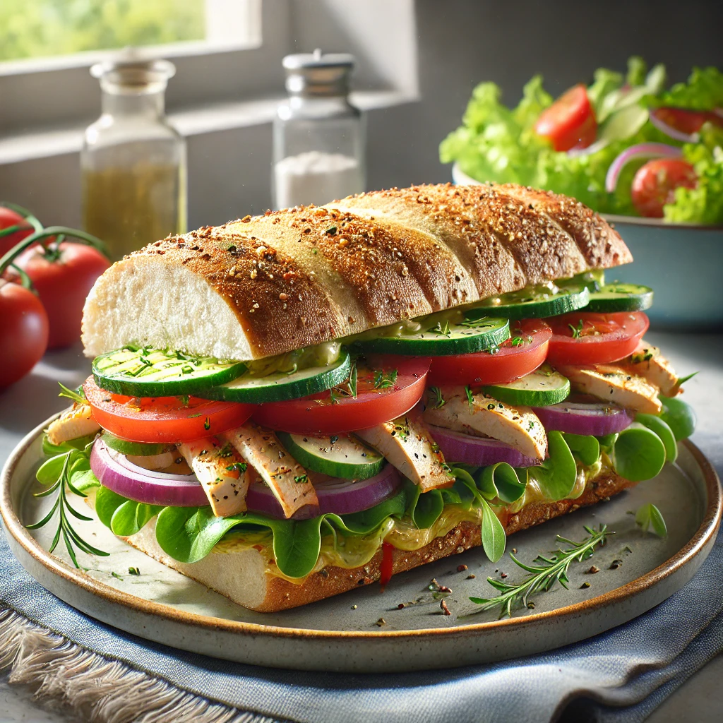 fully assembled sandwich served on a plate with a side salad